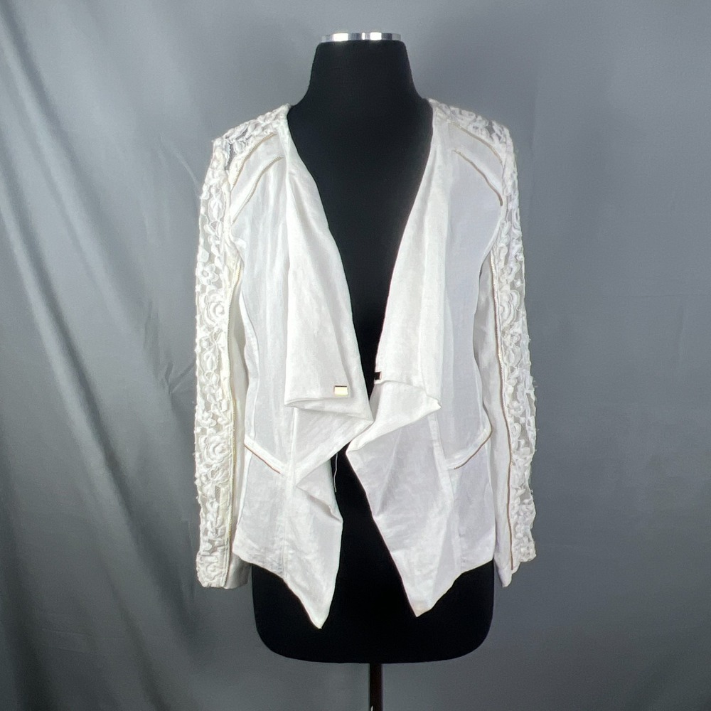 Laseine Blazer Jacket Womens Small White Drape Open Front Lace Sleeve Formal